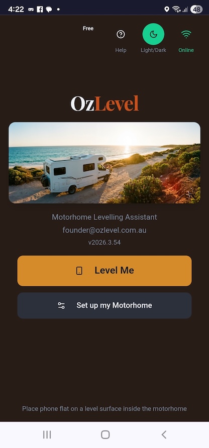 OzLevel home screen — tap Level Me to begin
