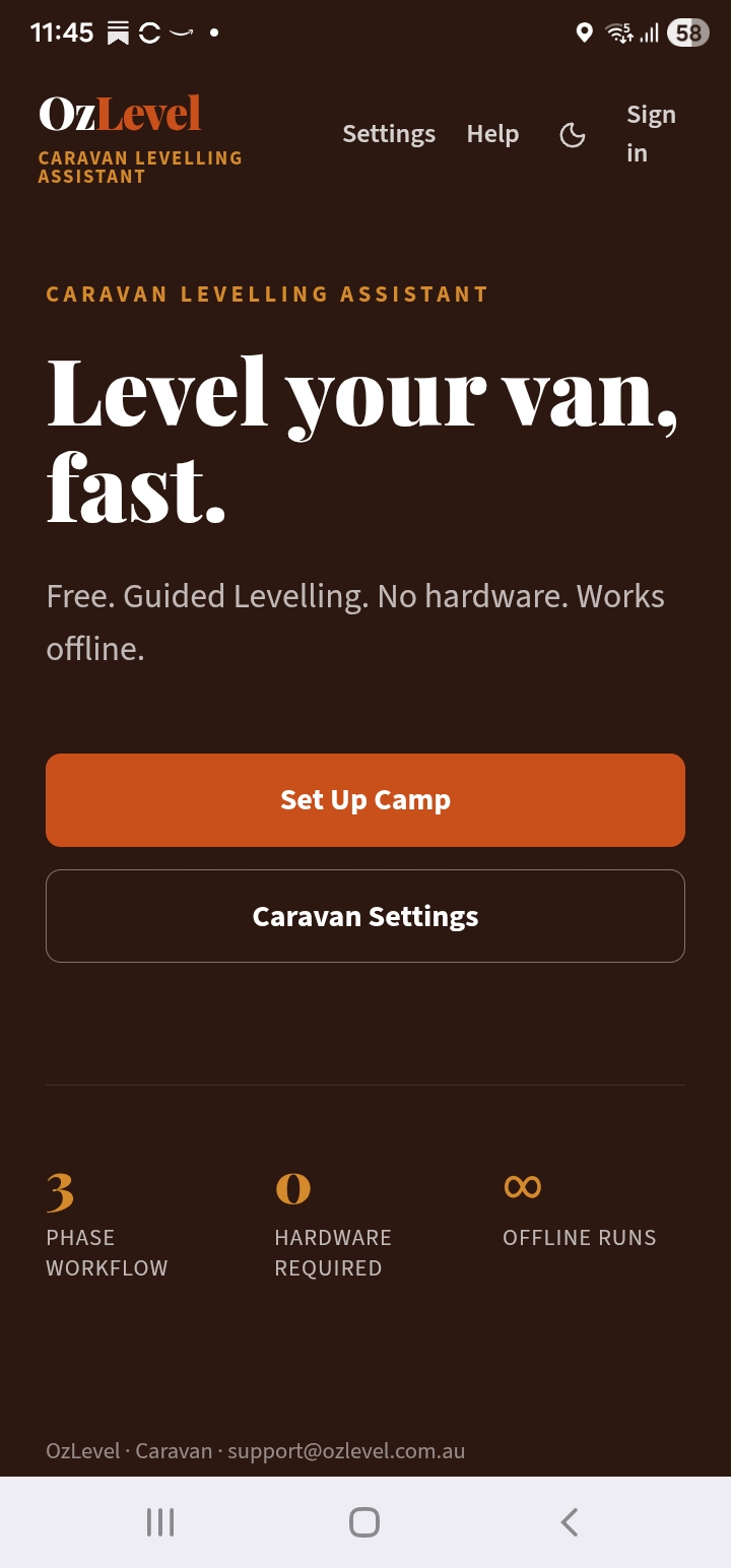 OzLevel Caravan landing screen — tap Set Up Camp to begin
