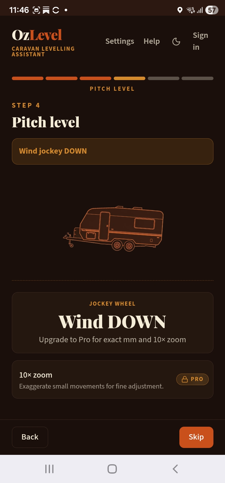 OzLevel Caravan pitch level screen — jockey wheel travel in mm