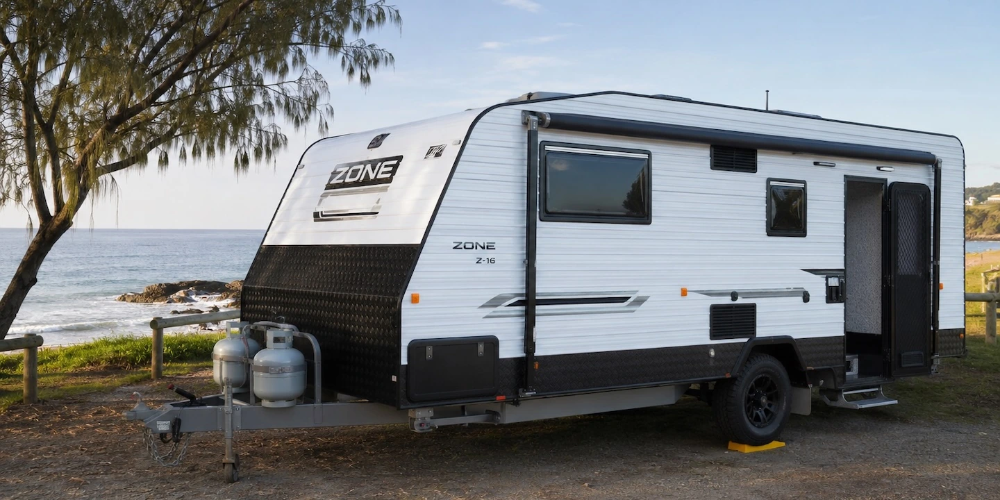 A caravan set up at a beautiful Australian campsite, perfectly level, awning out