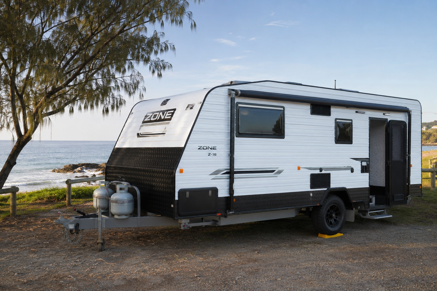 A caravan set up at a beautiful Australian campsite, perfectly level, awning out