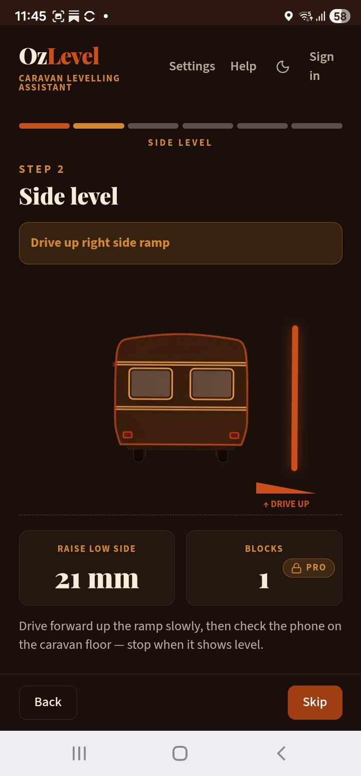 OzLevel Caravan side level screen — mm raise and ramp step count